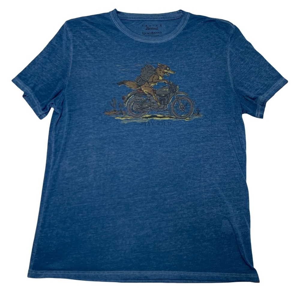 Lucky Brand Venice Burnout Stay Wild Graphic Paper Thin Blue Shirt Mens Size L